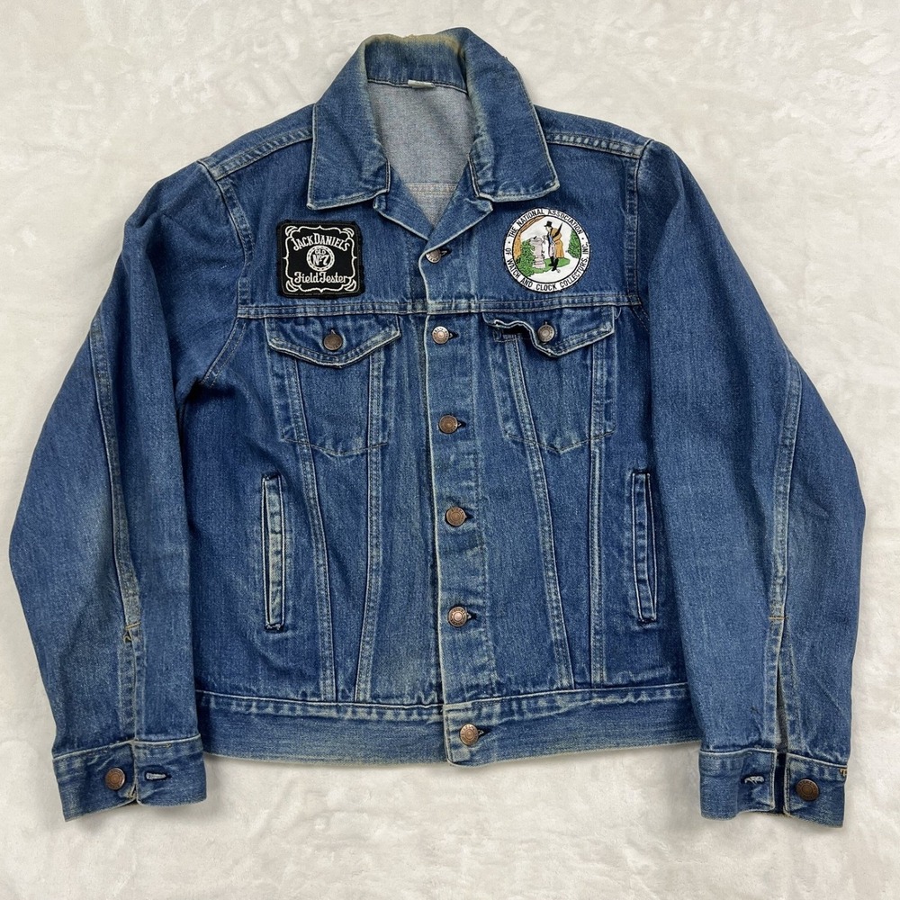 Vintage Denim Trucker Jacket Mens 42 Blue Jack Daniels Watch Clock Patches USA